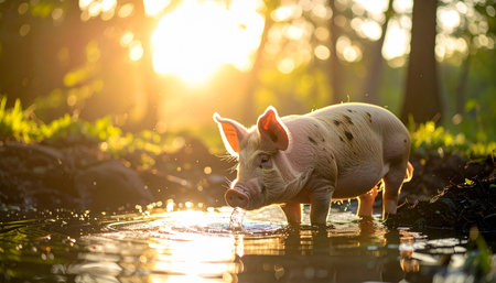 A young piglet enjoys a moment of pure bliss, wading through a cool, muddy puddle in a sun-drenched forest. The golden light of the setting sun filters through the trees, creating a warm, idyllic scene that speaks to natural living, freedom, and simple pleasures.の素材
