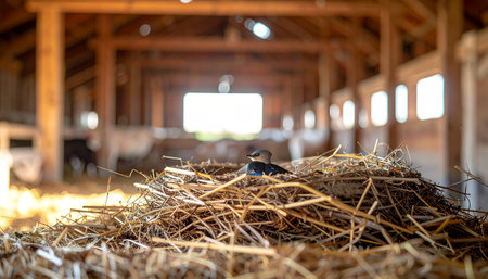 In the quiet, sun-dappled interior of a rustic wooden barn, a small cat finds the perfect spot for an afternoon nap. Curled up on a warm, soft bed of straw, the feline enjoys a moment of pure peace and tranquility, away from the world.の素材