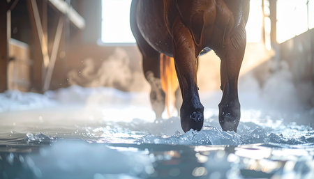 In the quiet of the early morning, a powerful horse walks through its stable. Each step kicks up a cloud of misty dust, which catches the golden light pouring through the barn window, creating a dramatic and atmospheric scene of strength and anticipation for the day ahead.の素材