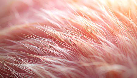 A super macro view captures the delicate, downy hairs on soft pink skin, evoking a sense of new life, innocence, and gentle warmth. This detailed texture background speaks to themes of biology, care, and the fragile beauty of nature.の素材