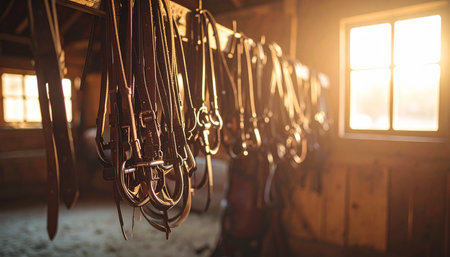 Golden morning light streams through a dusty barn window, illuminating rows of well-worn leather bridles and tack. The quiet, sun-drenched stable awaits the start of a new day, filled with the promise of an early ride and the timeless tradition of horsemanship.の素材