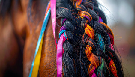 A close-up view captures the intricate beauty of a horses mane, carefully braided with a rainbow of vibrant ribbons. This festive adornment speaks of pride, celebration, and the special bond between human and animal, ready for a parade or special event.の素材