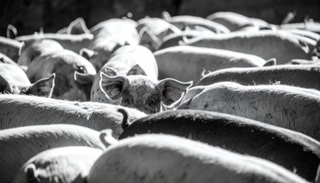 In a dense, monochrome sea of conformity, one curious pig looks up, its gaze meeting the camera. This powerful black and white image captures a moment of individuality and awareness amidst the overwhelming crowd, symbolizing themes of standing out, being seen, and the realities of animal agriculture.の素材