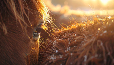 A close-up of a horses eye as the last rays of the setting sun create a warm, golden glow. This peaceful scene in a rural meadow evokes feelings of tranquility, freedom, and a gentle connection with nature.の素材