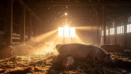 As the sun rises, golden beams of light pierce through the dusty air of a rustic barn, illuminating a group of pigs resting peacefully in the warm hay. This tranquil scene captures the quiet, simple beauty of farm life and the start of a new day.の素材