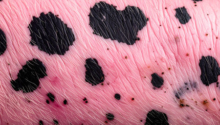 A detailed macro photograph captures the unique and abstract pattern of a pigs spotted skin. The contrast between the soft pink flesh and the bold black spots creates a visually striking natural texture, perfect for backgrounds or biological studies.の素材
