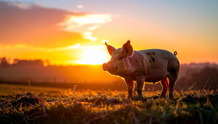 A lone pig stands peacefully in a muddy field, silhouetted against a breathtaking golden sunset. The warm light bathes the rural landscape, creating a serene and idyllic scene of farm life and natures beauty.の素材
