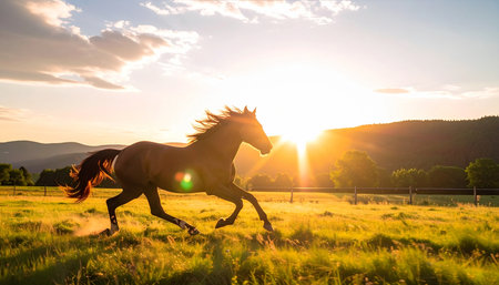 A powerful horse gallops with unbridled freedom across a golden meadow as the sun sets behind distant mountains. This image captures a moment of pure energy, wild spirit, and the serene beauty of nature at the end of the day, symbolizing liberty and adventure.の素材