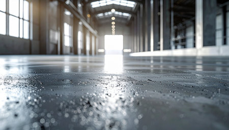 A low-angle perspective captures the glistening, wet concrete floor of a vast, empty industrial warehouse. Bright light floods in from a distant doorway, creating brilliant reflections and highlighting the gritty texture of the surface, evoking a sense of potential or a new beginning.の素材