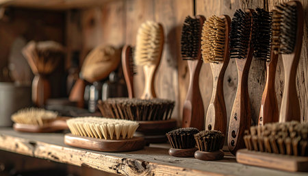 A collection of handcrafted wooden brushes with natural bristles sits neatly on a rustic shelf. The warm light of the workshop highlights the rich texture of the wood and the quality of traditional craftsmanship, evoking a sense of nostalgia and sustainable living.の素材