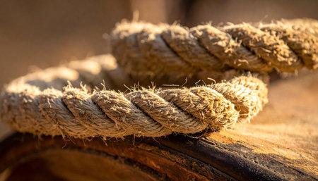 A close-up shot captures the intricate texture of a thick, natural fiber rope coiled upon a weathered wooden surface. Bathed in the warm glow of golden sunlight, the image evokes a sense of strength, durability, and nautical adventure, perfect for themes of connection, teamwork, and reliability.の素材