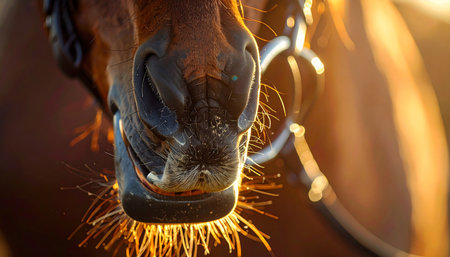 A stunning macro shot captures the intricate detail of a horses muzzle, bathed in the warm, golden light of a setting sun. The backlight illuminates every whisker, creating a magical, sparkling effect that highlights the gentle nature of this majestic animal.の素材