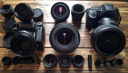 A professional photographers complete arsenal of cameras and lenses is carefully arranged on a rustic wooden table, ready for the next creative assignment. This collection represents an investment in craft, a passion for storytelling, and the essential tools for capturing the perfect shot.の素材