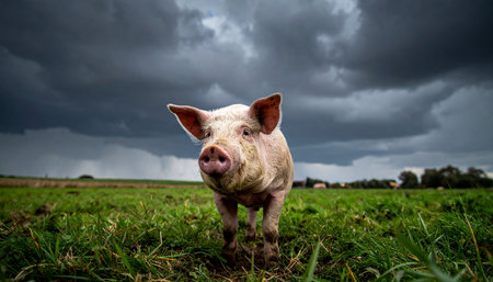 A small, curious pig stands its ground in a vibrant green pasture as dramatic storm clouds gather overhead. The low-angle perspective captures a sense of resilience and defiance in the face of natures power, symbolizing strength and perseverance.の素材