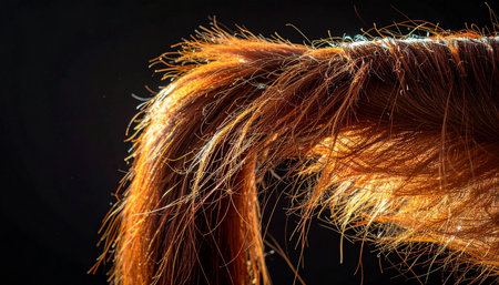 Sunlight catches the fiery red hairs on a tarantulas leg, revealing a surprisingly beautiful and intricate texture. Against a stark black background, this macro view transforms a creature of fear into a subject of detailed, abstract natural art, highlighting the hidden beauty in the wild.の素材