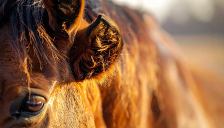 A close-up captures the quiet moment of a gentle horse bathed in the warm, golden glow of a setting sun. The soft light highlights the intricate details of its fur and the peaceful expression in its eye, creating a feeling of serenity and a deep connection with nature.の素材