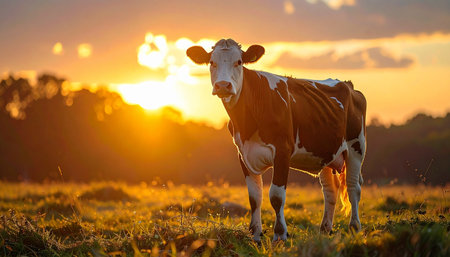 A single dairy cow stands peacefully in a lush pasture, bathed in the warm, golden light of a spectacular sunset. The serene scene evokes feelings of tranquility, rural life, and the simple beauty of natures rhythms.の素材
