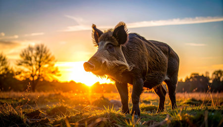 A majestic wild boar stands proudly in a field, its powerful silhouette framed by the warm, golden glow of a breathtaking sunset. This powerful image captures a serene moment of wildlife in its natural habitat, evoking feelings of freedom, untamed nature, and the quiet beauty of the wilderness at dusk.の素材