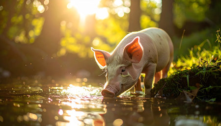 In the heart of a tranquil forest, bathed in the warm, golden glow of a setting sun, a small piglet pauses for a refreshing drink from a clear stream. The gentle light filters through the leaves, creating a magical, serene atmosphere of peace and harmony with nature.の素材