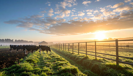 As the sun crests the horizon, its golden rays cut through the morning mist, illuminating a peaceful rural scene. A herd of dairy cows grazes contentedly in the lush green pasture, heralding the start of a new day in the tranquil countryside.の素材