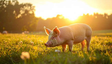 A single, content pig stands in a lush green pasture, bathed in the warm, golden light of a setting sun. This idyllic scene evokes a sense of peace, tranquility, and the simple beauty of rural life and sustainable, free-range farming.の素材