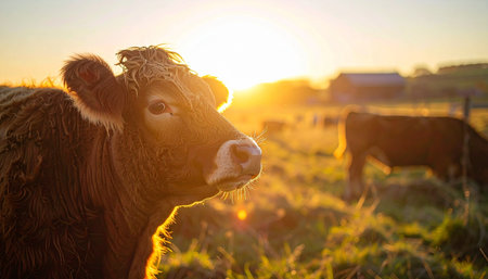 A gentle brown cow pauses its grazing to soak in the last warm rays of a stunning sunset. The golden light illuminates the peaceful pasture, creating a serene and idyllic scene of rural life and natural harmony.の素材