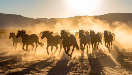 A powerful herd of wild horses thunders across a dusty plain, their silhouettes sharply defined against the brilliant glow of a setting sun. Kicking up clouds of golden dust, they embody the untamed spirit of freedom, power, and the raw beauty of nature in motion.の素材
