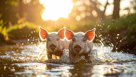 Two adorable piglets find pure joy in a muddy puddle, splashing playfully as the warm golden light of sunset illuminates their ears. A heartwarming scene of carefree fun and friendship on a rustic farm.の素材