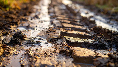 A close-up view captures the deep, rugged imprints of off-road tire tracks in thick, wet mud. This image tells a story of adventure and perseverance, symbolizing a challenging journey through untamed nature and the power required to move forward on a difficult path.の素材