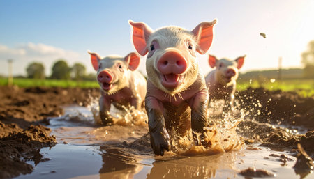 Three exuberant piglets race through a muddy puddle on a sunny farm, splashing with pure, unadulterated joy. This lively scene captures the essence of carefree fun, animal happiness, and the simple pleasures of rural life.の素材