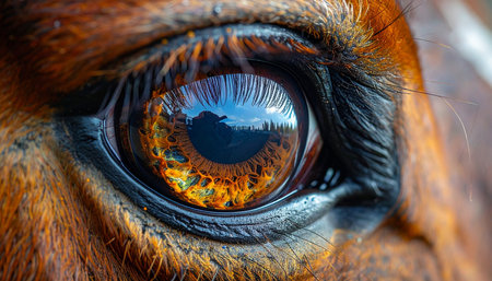 A stunning macro photograph capturing the intricate detail of a horses amber eye. A serene landscape of rolling hills and a clear sky is perfectly reflected in its pupil, suggesting a deep connection between the animal and its natural world. This image evokes feelings of soulfulness, perception, and the quiet beauty of nature.の素材