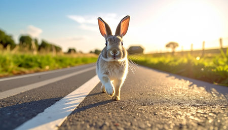 A brave wild rabbit embarks on a solitary journey down an empty country road as the sun rises, casting a warm golden glow. With ears perked and a determined gaze, it steps forward into a new day, symbolizing adventure, courage, and the path to new beginnings.の素材
