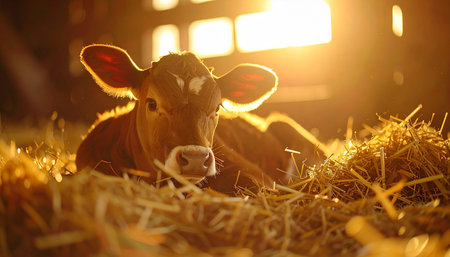 A young calf rests peacefully on a bed of golden hay, bathed in the warm, ethereal glow of the rising or setting sun. The soft light streams into the rustic barn, creating a serene and hopeful atmosphere that captures the quiet beauty of new life on the farm.の素材