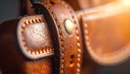 A close-up detail of a well-worn brown leather strap, secured by a sturdy metal rivet. Warm sunlight catches the edge, highlighting the intricate stitching and rich texture, evoking a sense of timeless craftsmanship, past journeys, and adventures yet to come.の素材