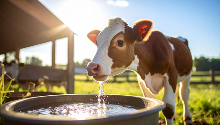 A young, curious calf takes a refreshing drink from a water trough as the warm morning sun rises over the farm. This idyllic scene captures the simple, peaceful moments of life in the countryside and the essence of sustainable agriculture.の素材