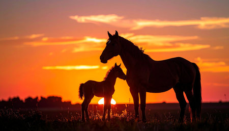 A mare and her young foal stand together in a quiet field, their dark silhouettes outlined by the brilliant colors of a setting sun. This tender moment captures the profound bond of motherhood and the peaceful beauty of nature at the close of day.の素材