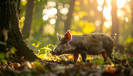 A young wild boar wanders through a tranquil autumn forest, its form beautifully backlit by the warm, golden glow of the setting sun. The magical light filters through the canopy, creating a serene and enchanting woodland scene of wildlife in its natural habitat.の素材