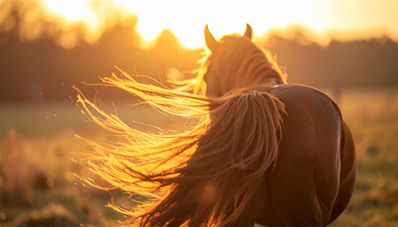 A majestic brown horse stands peacefully in a meadow as the setting sun casts a warm, golden glow. Its long mane catches the light, blowing gently in the breeze, creating a moment of serene beauty and untamed freedom in nature.の素材