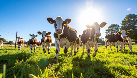 A herd of curious Holstein cows greets the viewer on a beautiful, sunny day. Bathed in the warm glow of the sun, they stand in a lush green pasture, representing concepts of organic farming, fresh dairy, and a peaceful, idyllic rural lifestyle.の素材