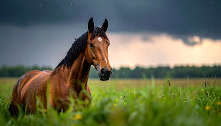 A magnificent brown horse stands peacefully in a vibrant green meadow, its calm demeanor a stark contrast to the dramatic, dark storm clouds gathering on the horizon. A sliver of light at sunset hints at the passing weather, creating a powerful and moody scene of natures beauty and strength.の素材