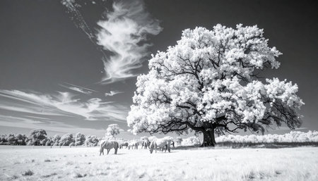 In a world seen through an ethereal lens, a magnificent white tree stands as a silent guardian over a tranquil pasture. A herd of horses grazes peacefully in the surreal, snow-like grass, creating a scene of serene and otherworldly beauty under a dramatic sky.の素材