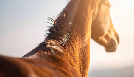 A majestic brown horse stands peacefully as the golden hour sun casts a warm, ethereal glow over its mane. The soft light creates a serene and tranquil atmosphere, evoking feelings of freedom, natures beauty, and a quiet connection with this noble animal.の素材