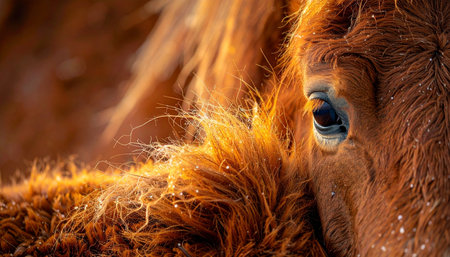 In the quiet moments of a cold morning, the golden light of sunrise catches the thick, warm coat of a gentle horse. This intimate close-up focuses on its soulful eye, revealing a sense of peace, connection, and the quiet majesty of nature.の素材