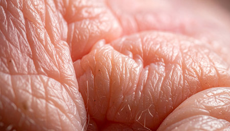 An extreme macro photograph captures the intricate and abstract texture of raw chicken skin. The detailed view reveals every wrinkle, pore, and follicle, creating a compelling and slightly unsettling organic pattern. This image is ideal for concepts related to food preparation, biology, anatomy, or as a unique background.の素材