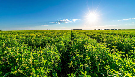 Rows of vibrant green soybean plants stretch towards a distant horizon under a brilliant summer sun. This idyllic agricultural scene captures the essence of growth, sustainability, and the promise of a bountiful harvest, representing the heart of modern farming.の素材