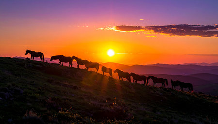As the sun dips below the horizon, casting a warm, golden glow across the landscape, a herd of wild horses makes its way along the ridge. Their powerful silhouettes move in unison, a timeless procession marking the serene end of another day in the untamed wilderness.の素材