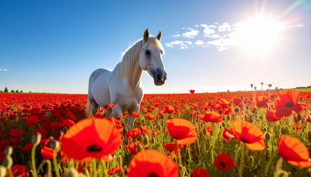 A majestic white horse stands peacefully in a vibrant field of red poppies under a brilliant summer sun. This idyllic scene evokes feelings of freedom, natural beauty, and tranquility, perfect for themes of nature and serenity.の素材