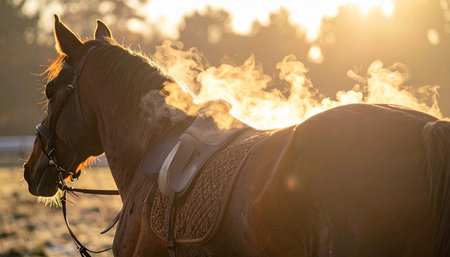 As the golden sun sets, a majestic horse stands peacefully, steam rising from its back after a vigorous ride. The warm light catches the vapor, creating a magical, ethereal glow that speaks of power, endurance, and a days hard work well done.の素材