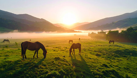 As the sun crests over the distant mountains, its golden rays pierce through the morning mist, illuminating a tranquil valley. A herd of horses peacefully grazes on the lush green grass, their silhouettes casting long shadows in the ethereal light of a new day.の素材