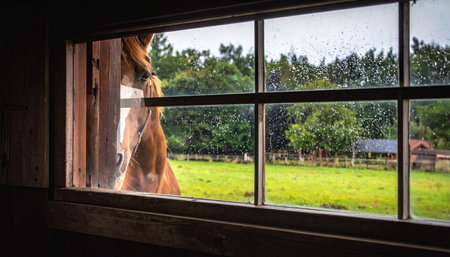 From the quiet shadows of a rustic interior, a multi-paned window frames a vibrant, sunlit summer landscape. This view offers a sense of peace, contemplation, and the simple beauty of the natural world seen from a sheltered perspective.の素材